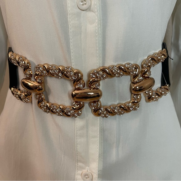 Accessories - Plus size black PU leather gold tone buckle elastic waistband belt